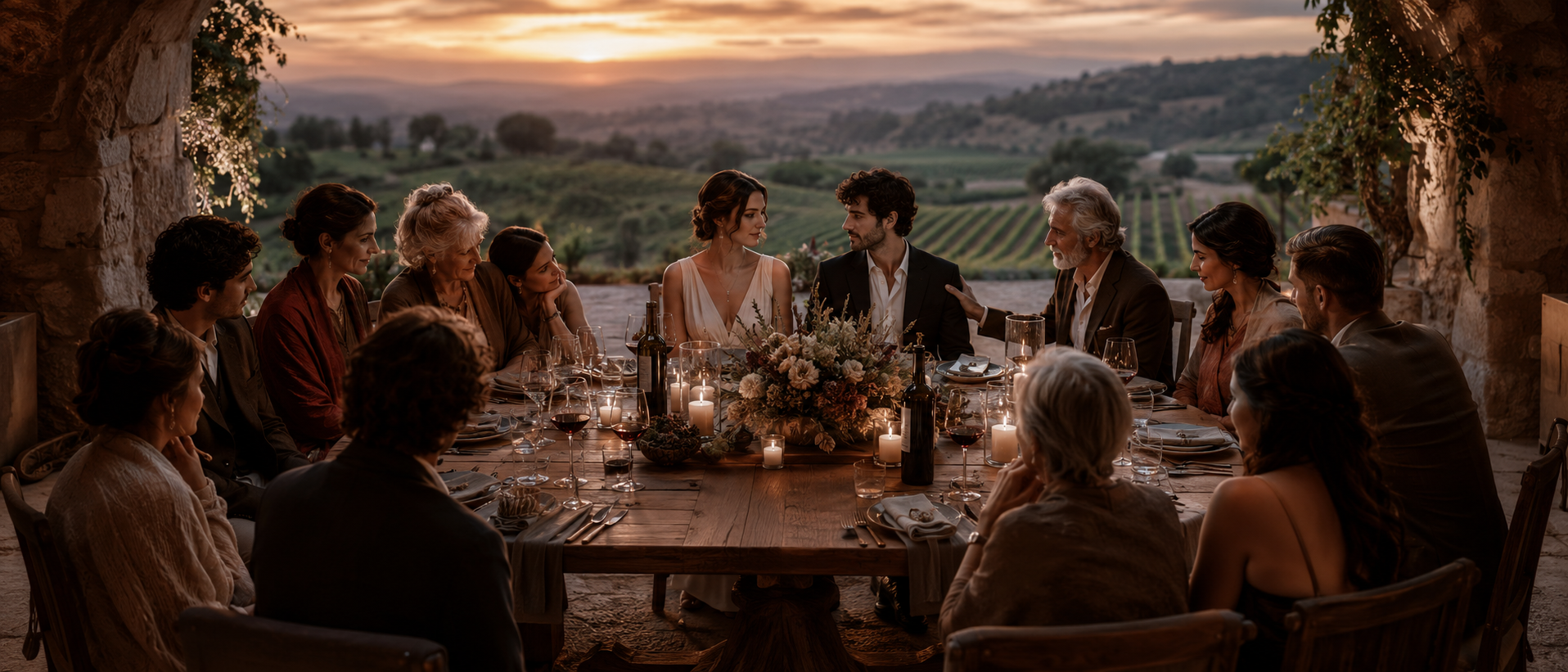 The Council gathered around a long table on an open terrace at sunset, vineyard hills falling away into mist behind, a central couple at the head of the table, candles, flowers, and bottles between them, the assembled witnesses leaning in.